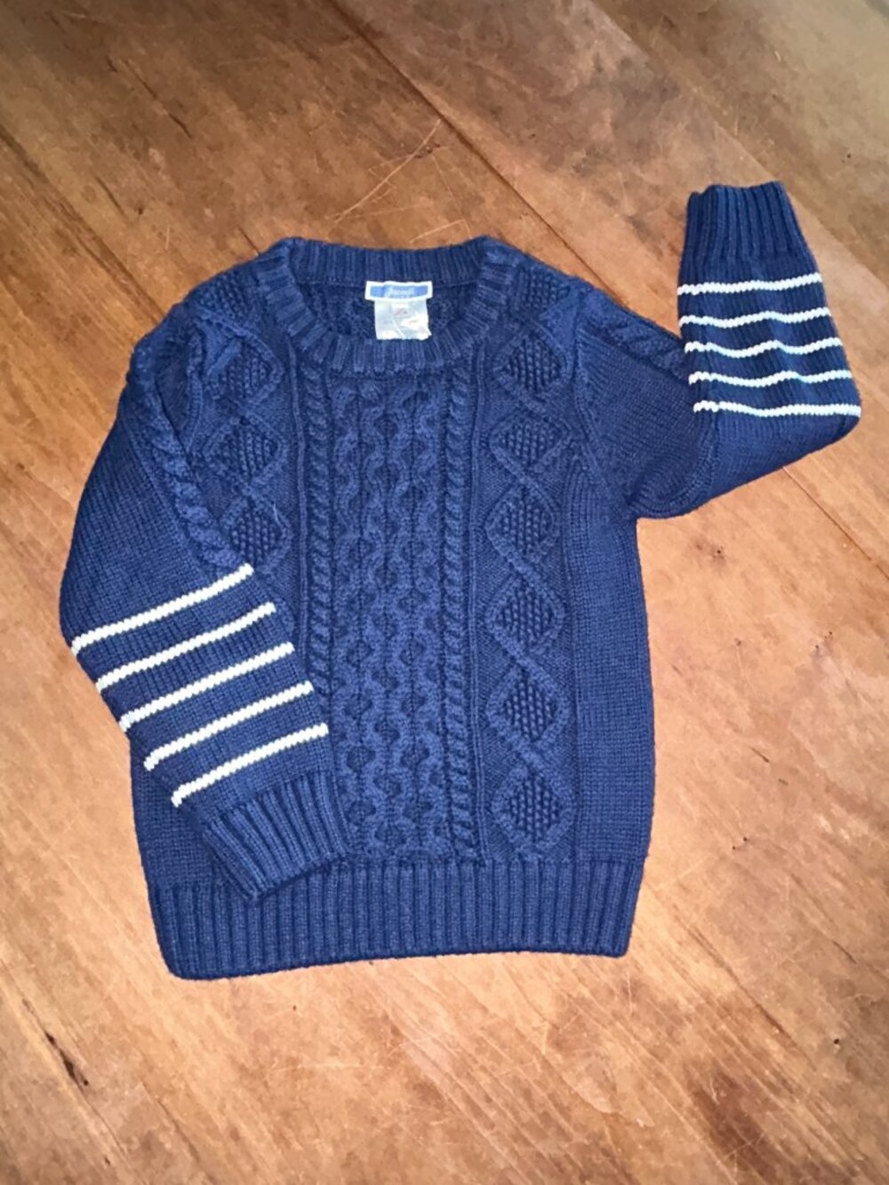 Jacadi Paris Boys Cable Knit Sweater 3Y Slate Blue with striped sleeve, NWT